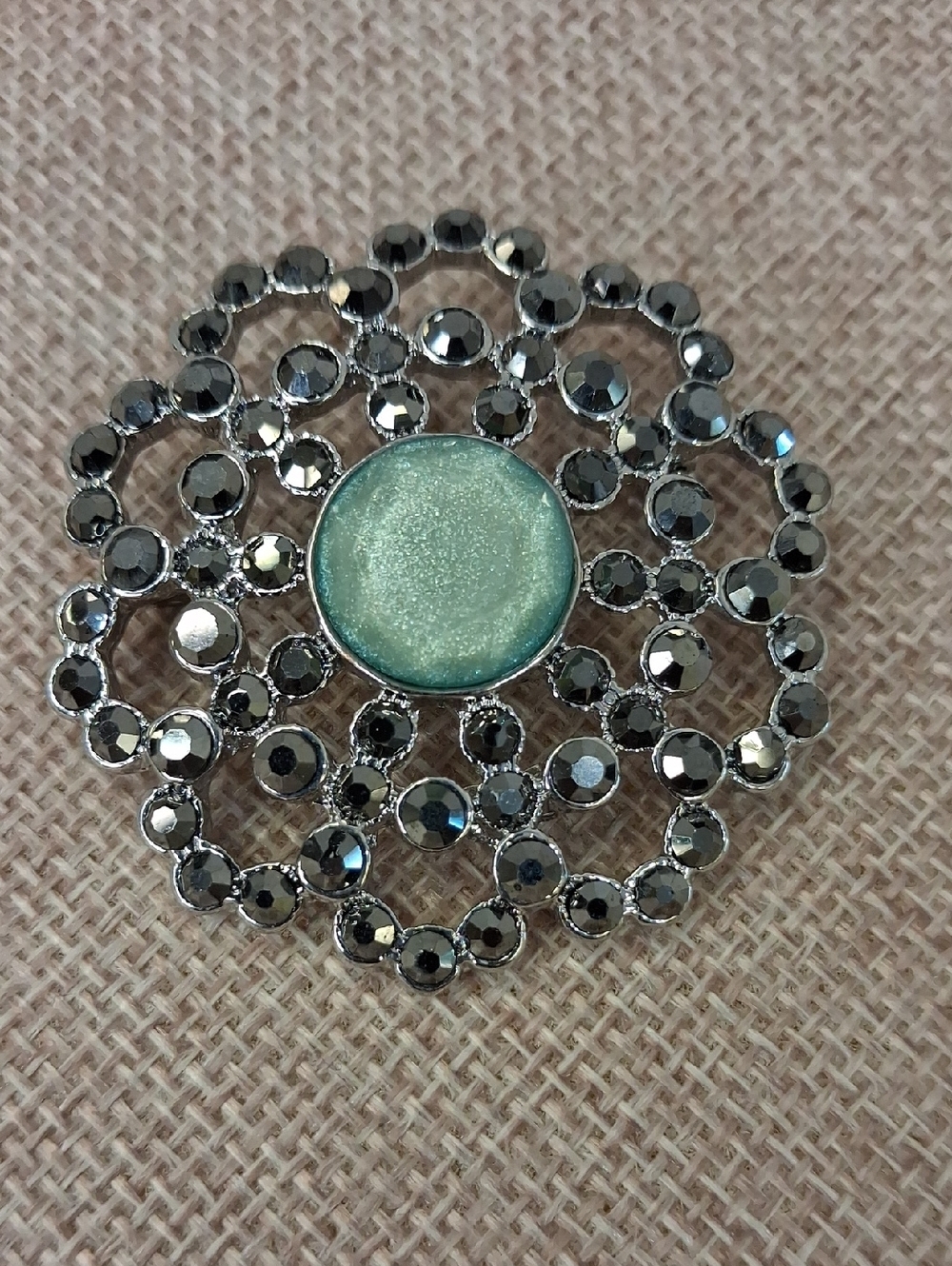 Silver Tone Filigree Rhinestone Brooch Mint Green Center Floral Pin One Size